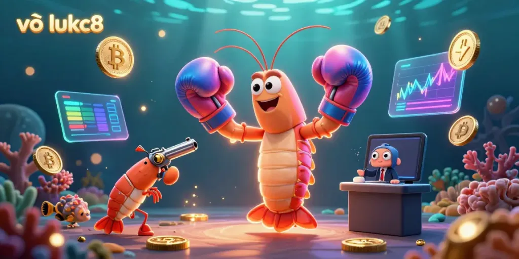 Experience vivid action with the 3D cartoon mantis shrimp showcasing the features of vào lukc8 and a vibrant online casino environment.