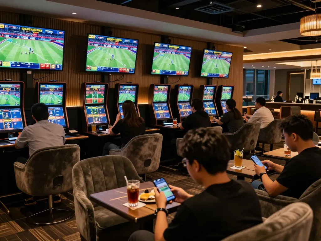 Engaging scene of sports enthusiasts using the 9 bet app for real-time betting in a modern lounge.