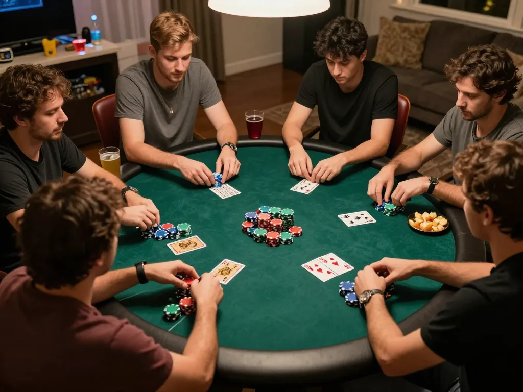 Players enjoying a thrilling poker game at home with 79club, showcasing excitement and camaraderie.