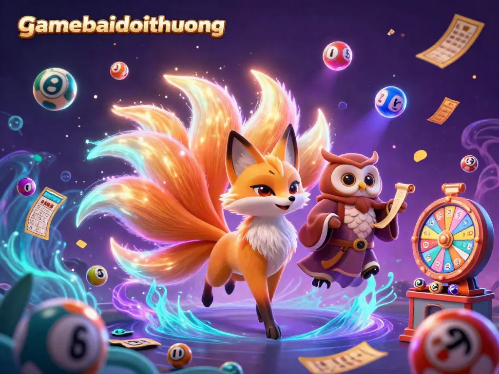 Engage in vibrant gameplay with gamebaidoithuong as a colorful nine-tailed fox, wise owl, and dynamic gambling elements surround them.