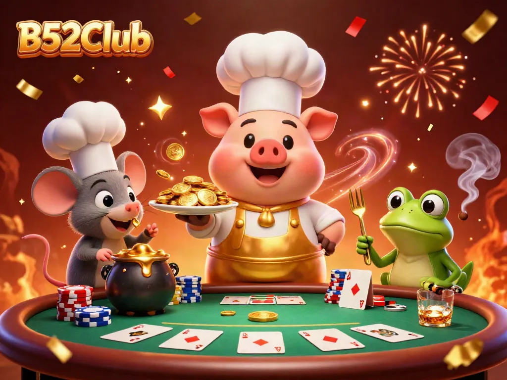 B52Club's vibrant casino scene, featuring a chef pig serving gold coins, surrounded by poker elements and festive confetti.