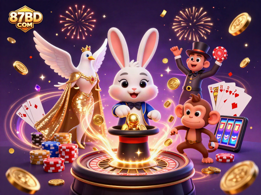 87BD COM showcases a lively casino scene with a magician rabbit, dazzling dove, and playful monkey surrounded by coins and poker chips.