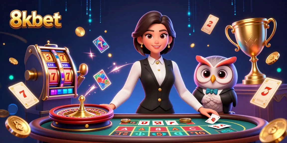 Experience the excitement of 8kbet with dynamic casino action featuring a dealer and charming owl assistant.