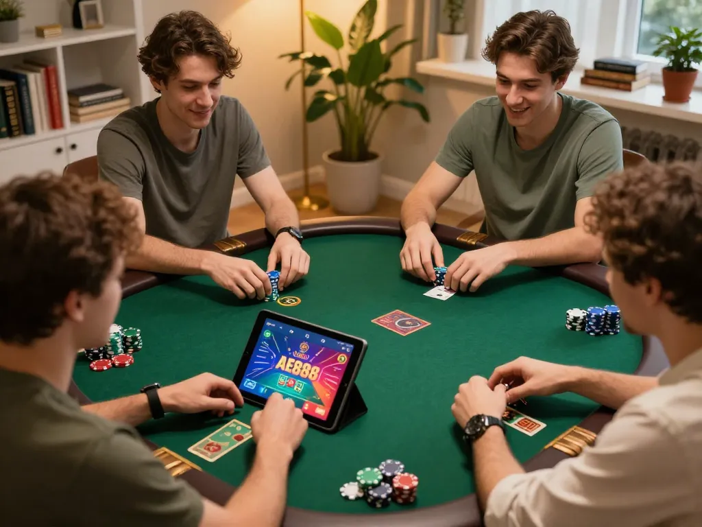 Players enjoying an intense session on AE888 poker app, vibrant graphics illustrating gameplay.