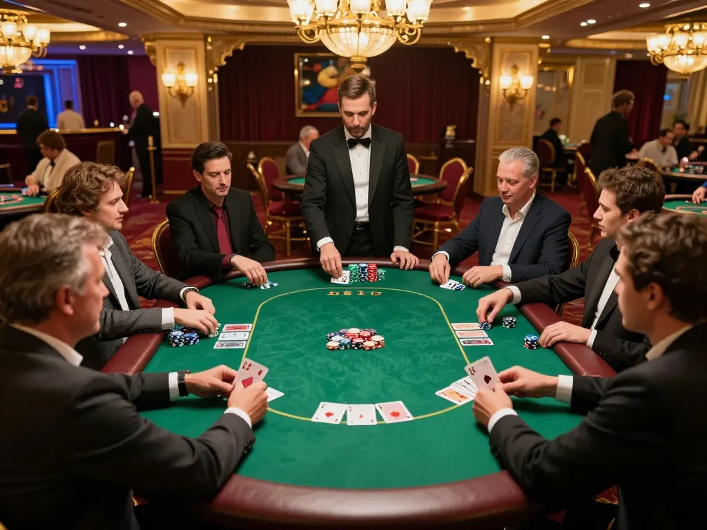 Exciting poker game at 88xx casino with players focused on their cards and vibrant chips.