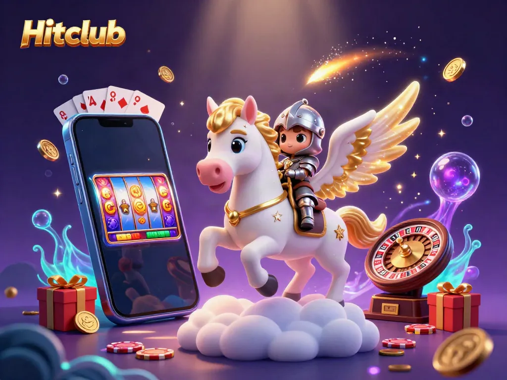 Experience the thrilling world of Hitclub with a celestial horse and knight amid dynamic casino gaming elements.