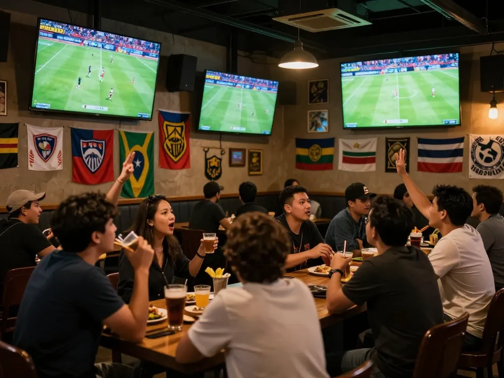 Watch bóng đá trực tiếp in an energetic sports bar with fans celebrating and placing bets.