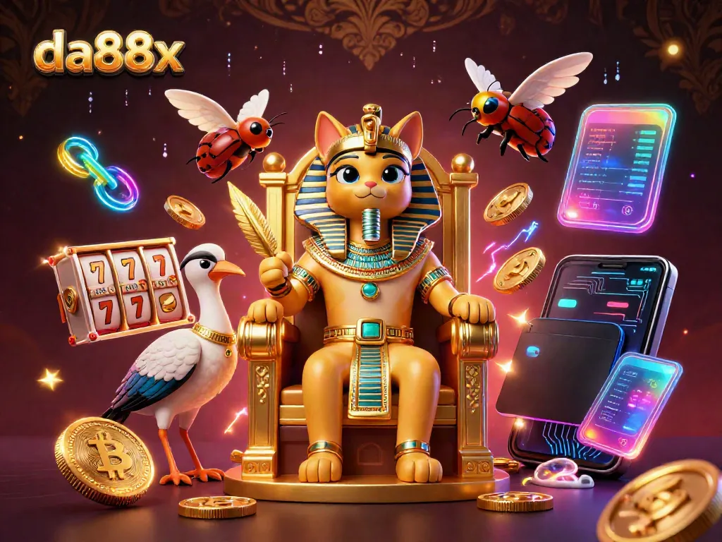 Engage with the vibrant da88x gaming experience featuring a royal Egyptian pharaoh cat and vibrant casino elements.