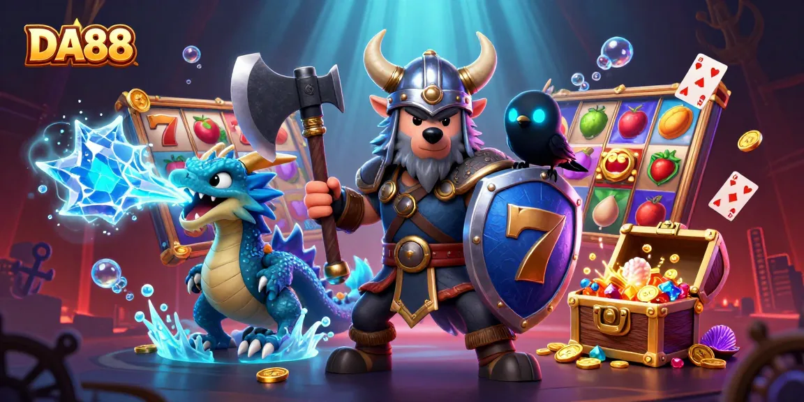 DA88 showcases an exciting illustration of a Viking warrior with a fierce dragon and glowing raven, amidst slot machine elements.