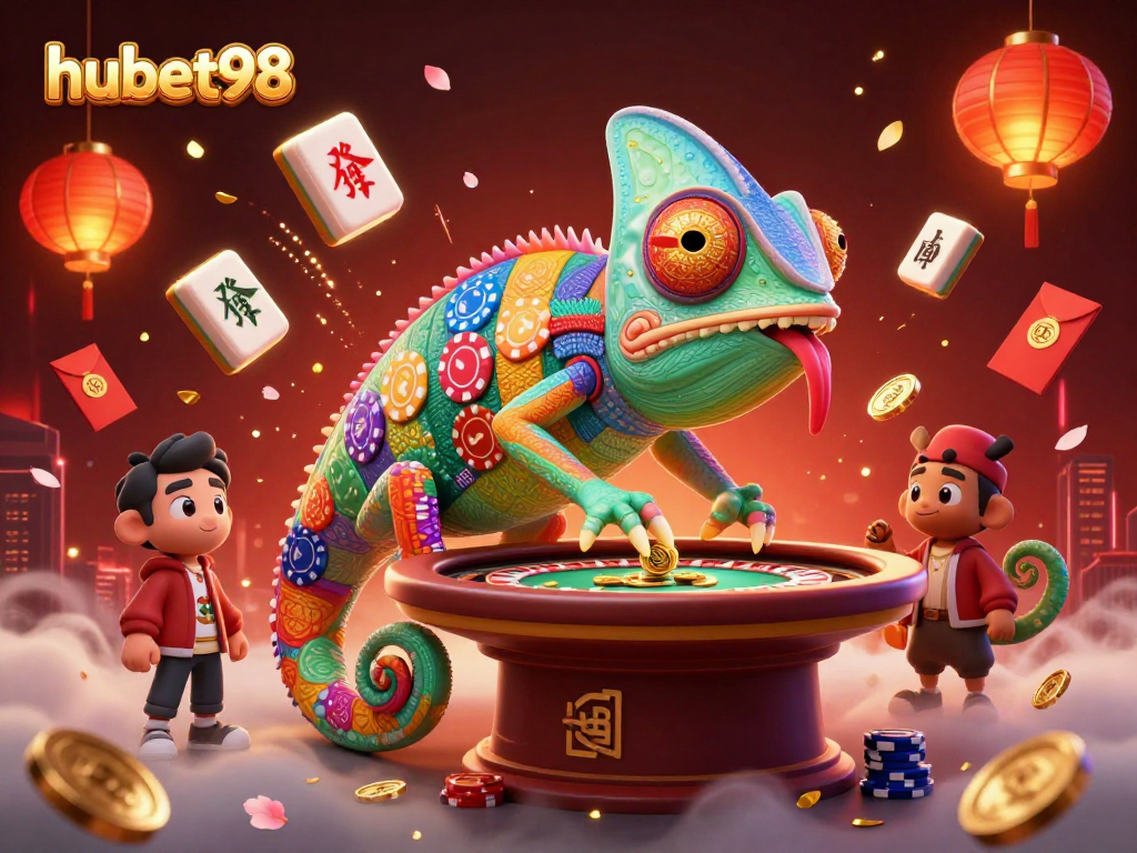 Spin to win with hubet98: A colorful chameleon casino owner surrounded by festive gaming elements.