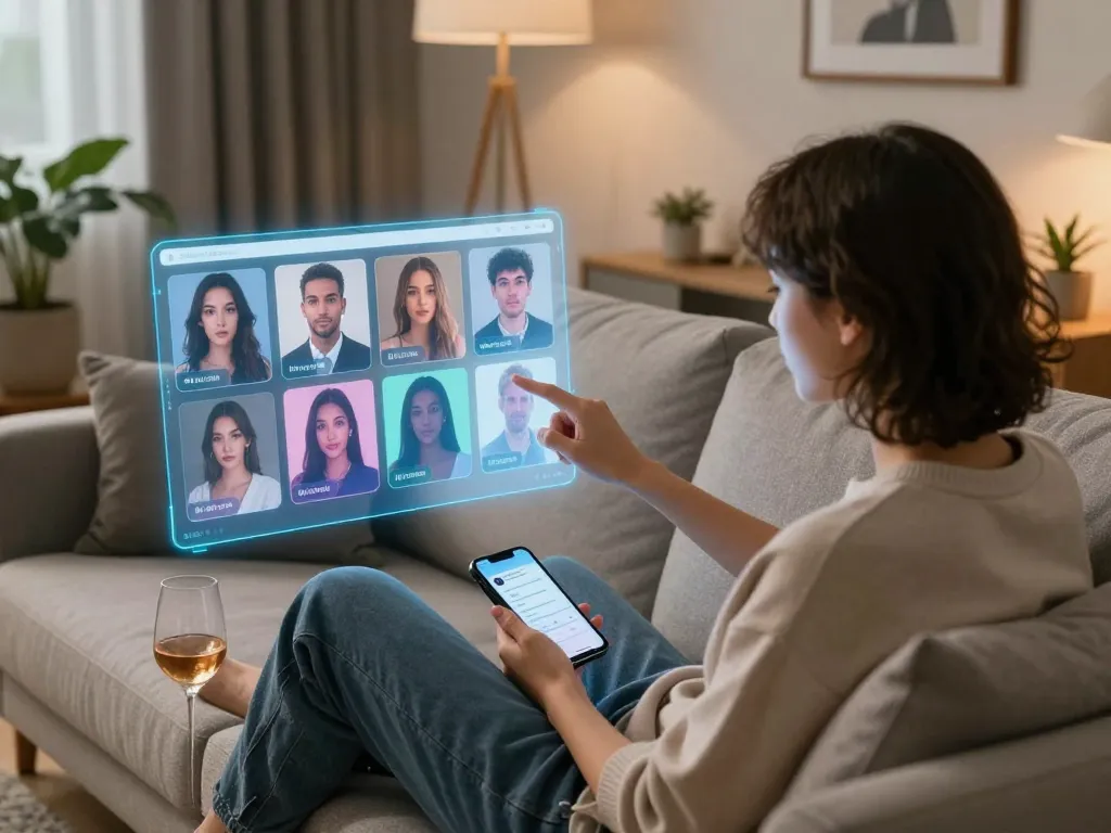 Engaging virtual dating scene with sexting AI interactions, cozy setting, and modern decor.