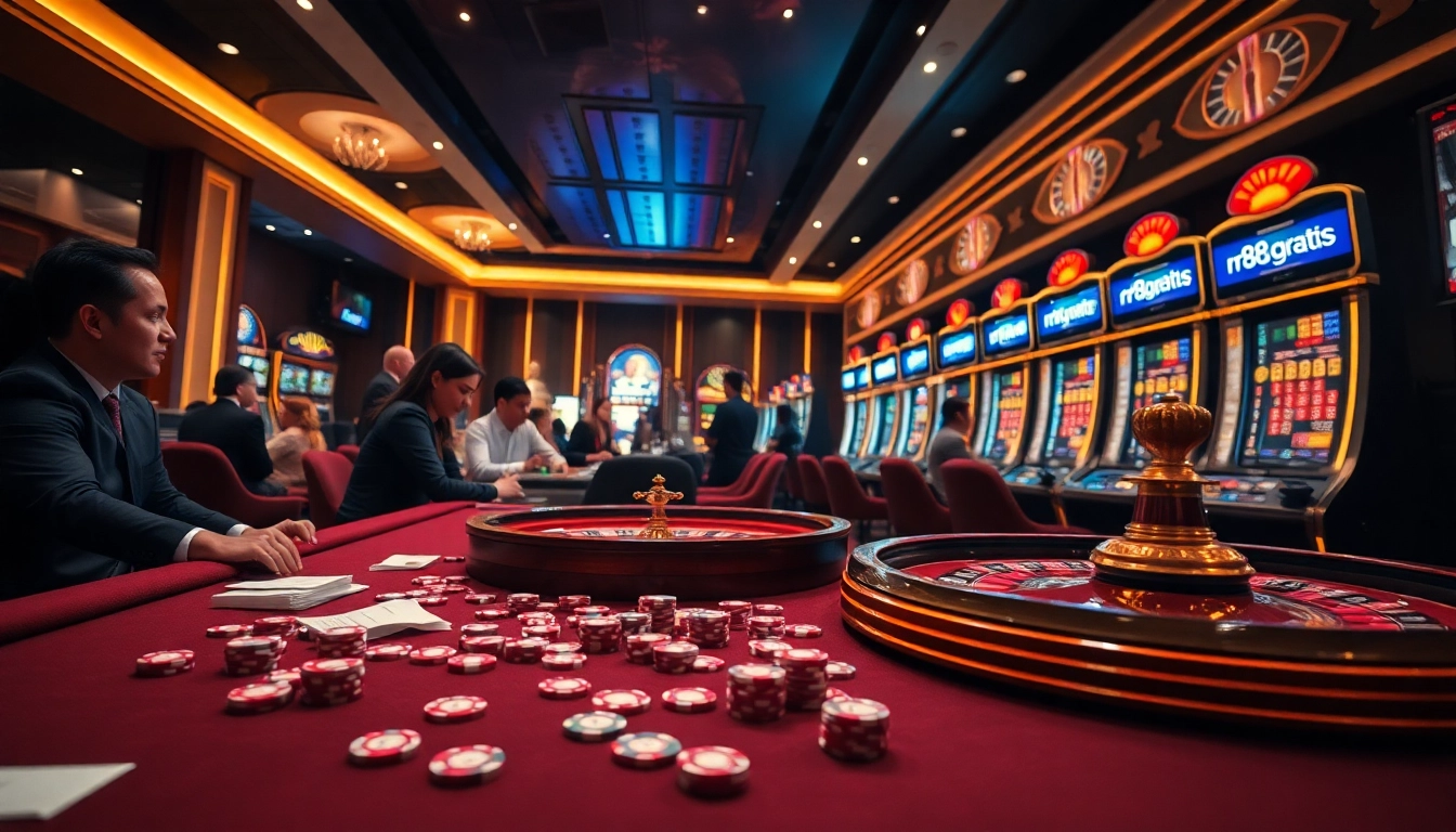 Experience thrilling gaming action at RR88 gratis casino with poker chips and roulette.
