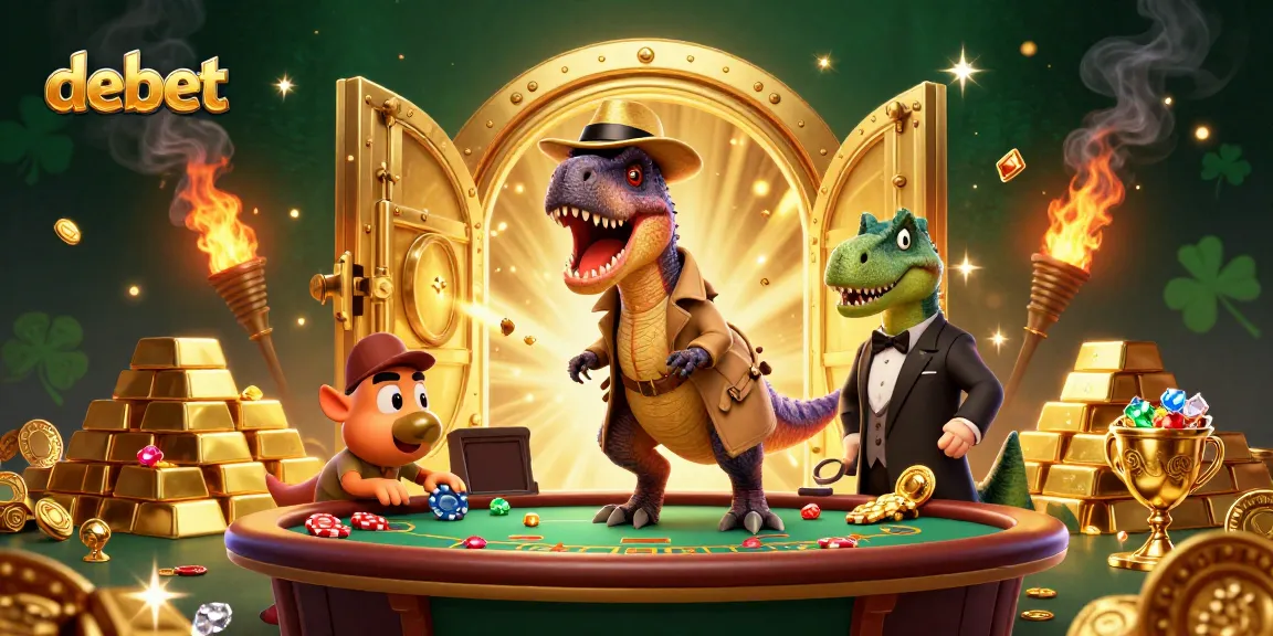Engage in thrilling blackjack action with debet, featuring a clever velociraptor and vibrant casino elements.