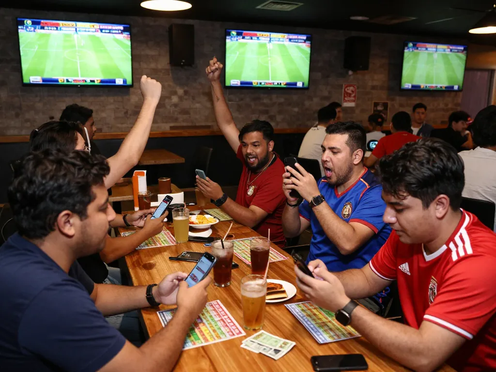 Sports fans engaging with tỷ lệ kèo nhà cái hôm nay through betting apps in a lively bar setting.
