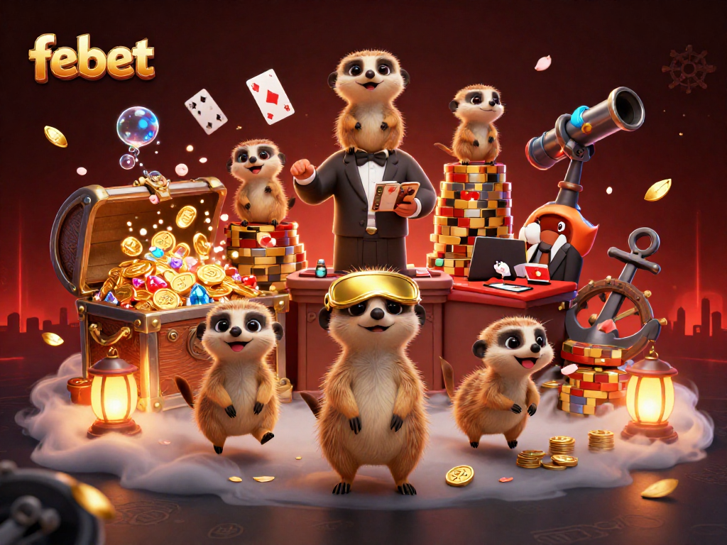 Experience thrilling gaming action at febet with meerkat dealers and vibrant casino elements.