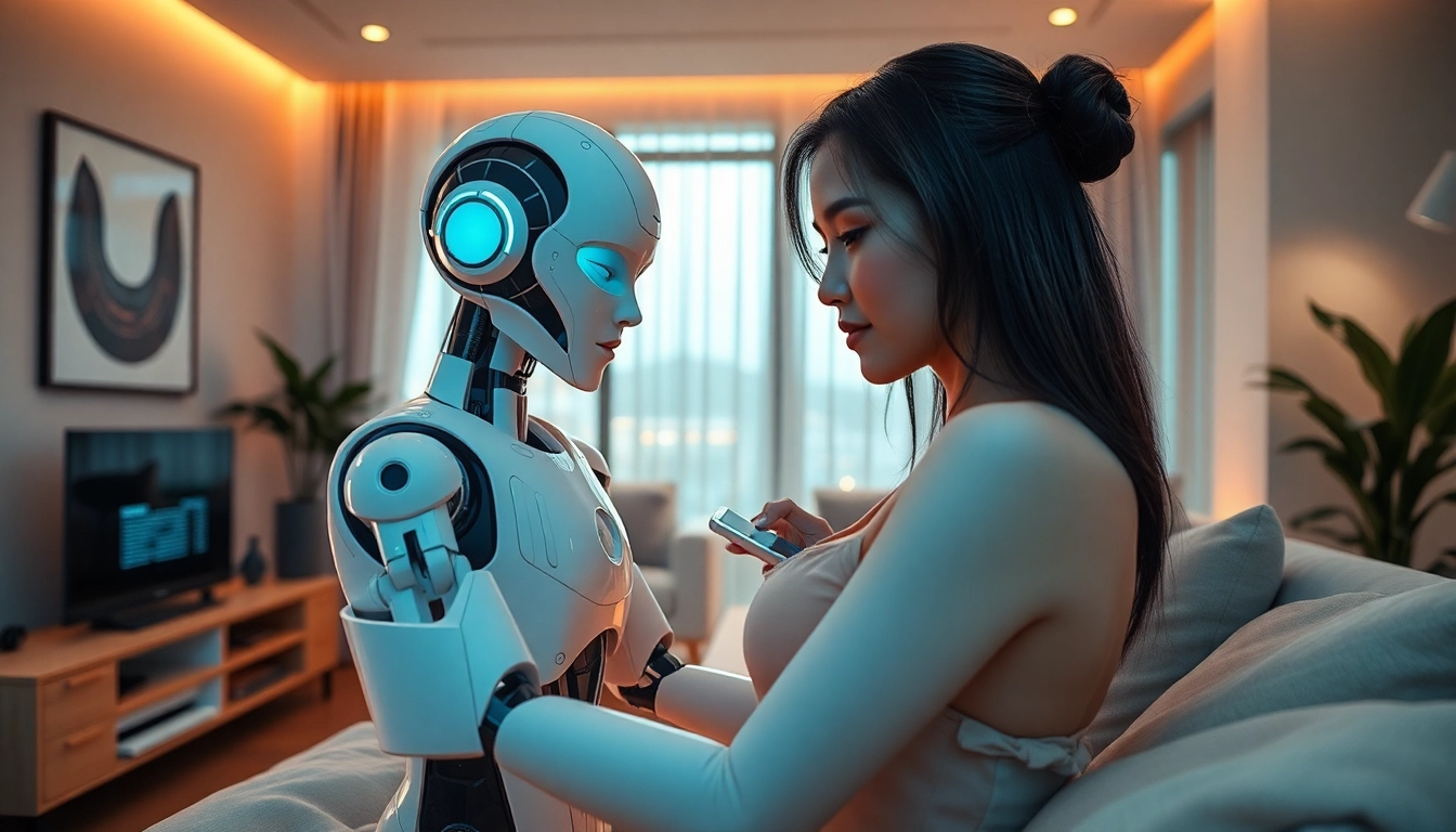 Humanoid sex bot interacting in a modern apartment, showcasing AI technology and companionship.