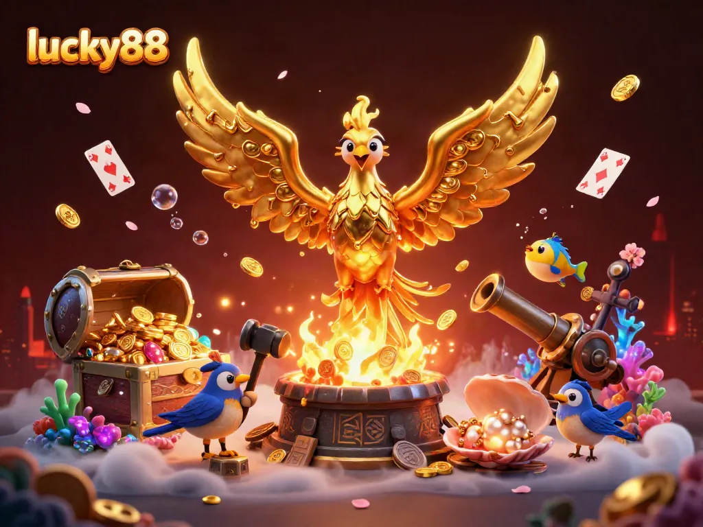 Engage in thrilling gaming with lucky88's vibrant 3D scene showcasing a molten golden phoenix.