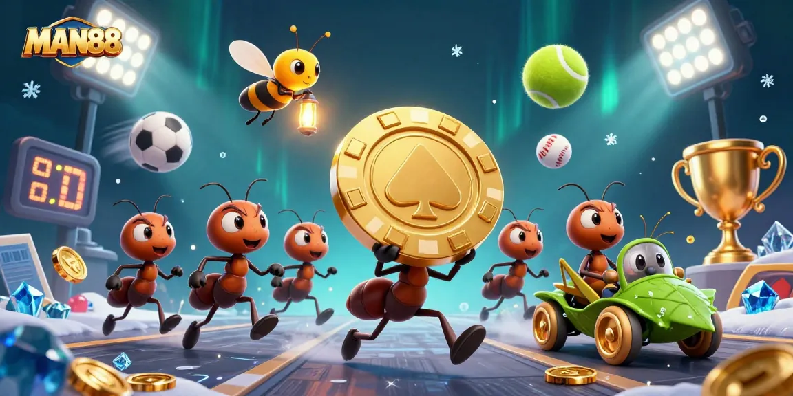 MAN88 teams of cartoon ants conducting a heist with oversized poker chips and dazzling casino elements