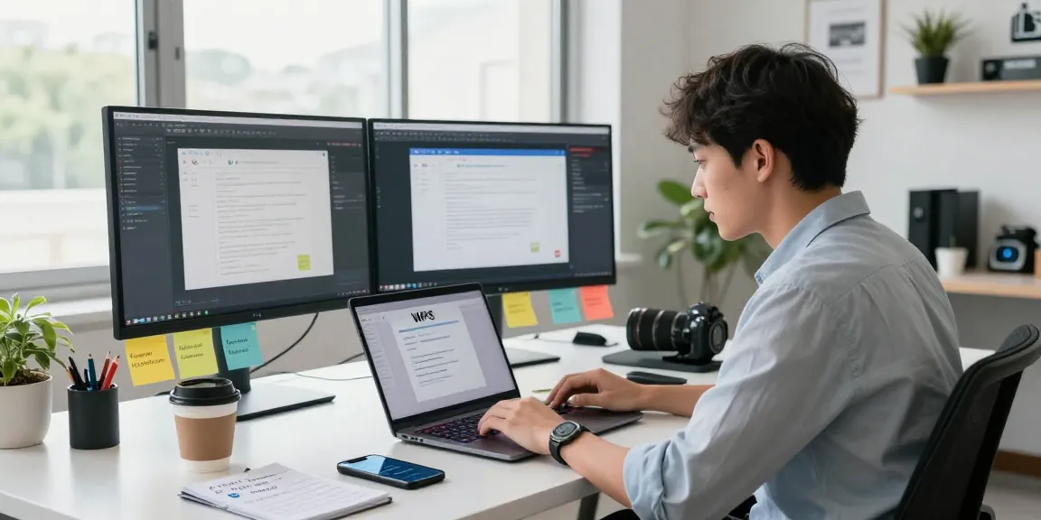 WPS Download interface on a laptop in a bright tech workspace.