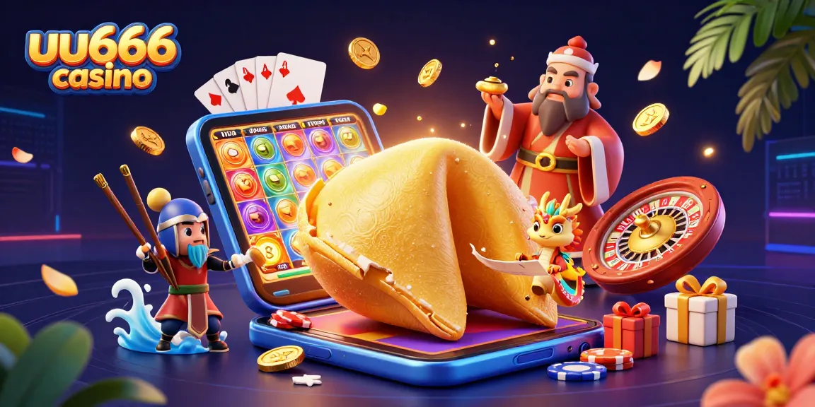 Experience thrilling wins at uu666 casino with a golden fortune cookie scene filled with games and excitement.