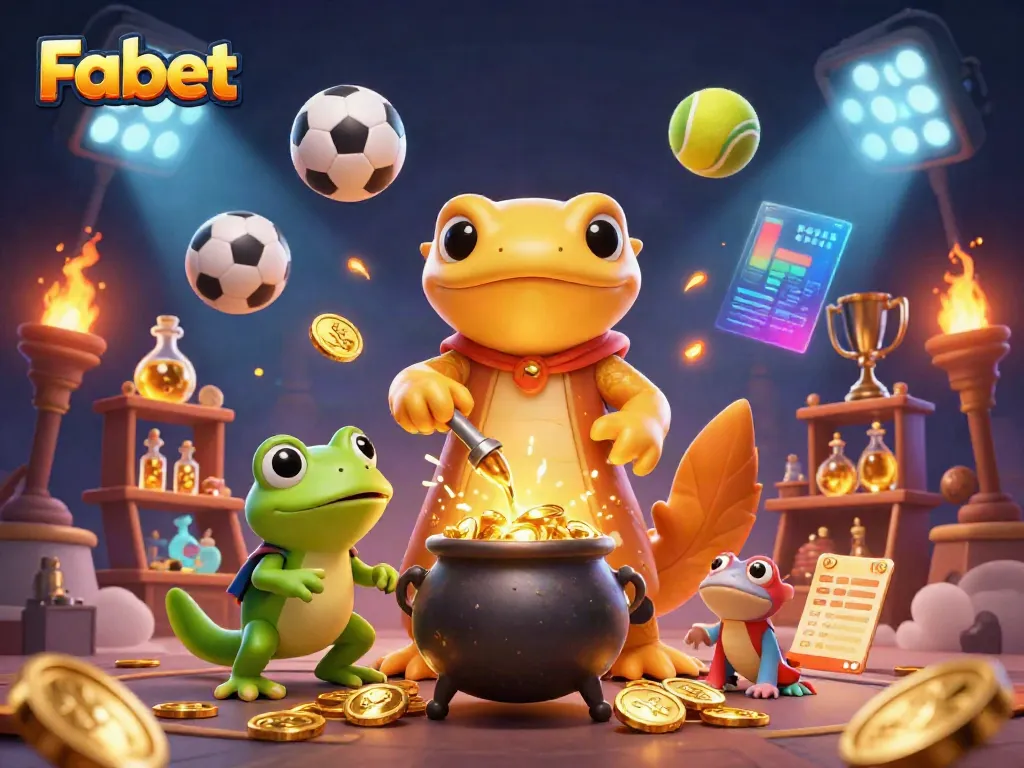 Experience winning at Fabet with a vibrant 3D casino scene featuring alchemy and sports.
