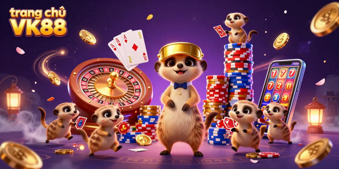 Engage with the trippy visuals of the lively trang chủ VK88 casino scene, featuring meerkats amidst dazzling gaming elements.
