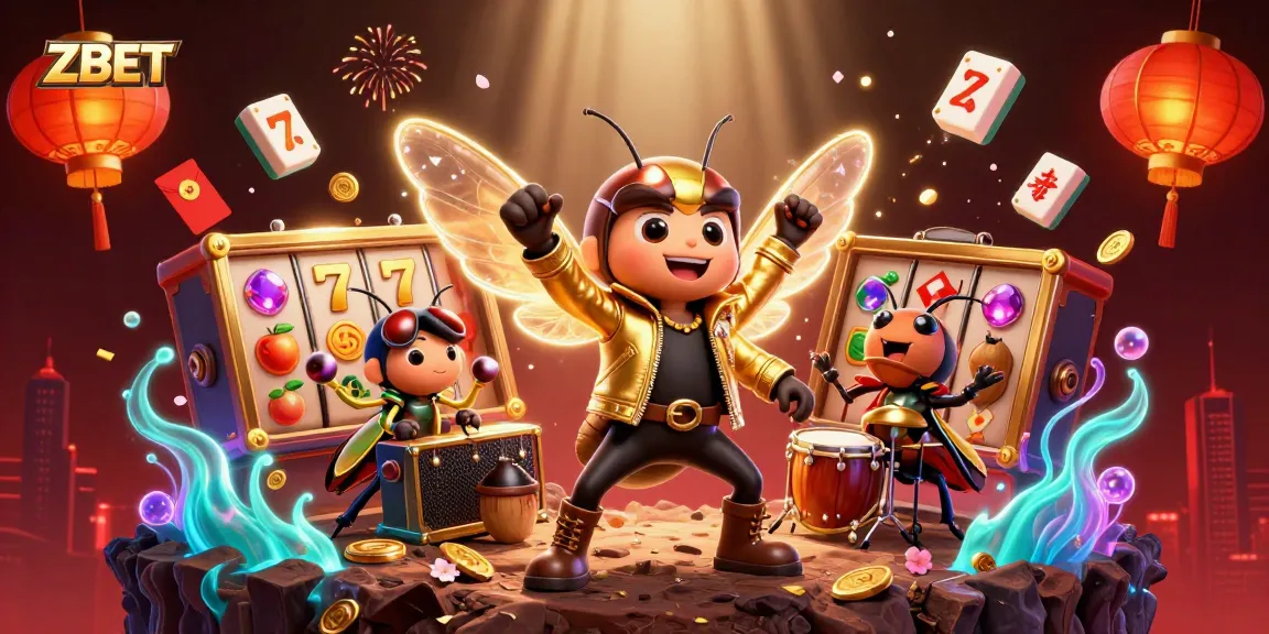 ZBET illustrates a vibrant scene with a rock star cicada and slot elements for exciting gameplay