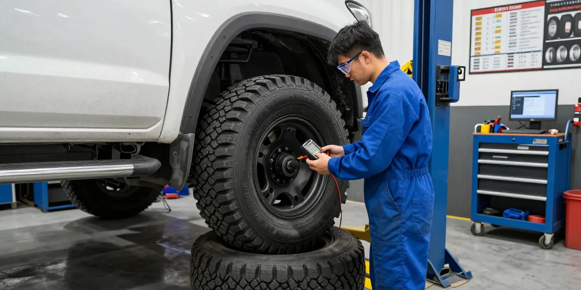 Mechanic examining Double Coin RR99 tires in an automotive workshop, showcasing performance features.