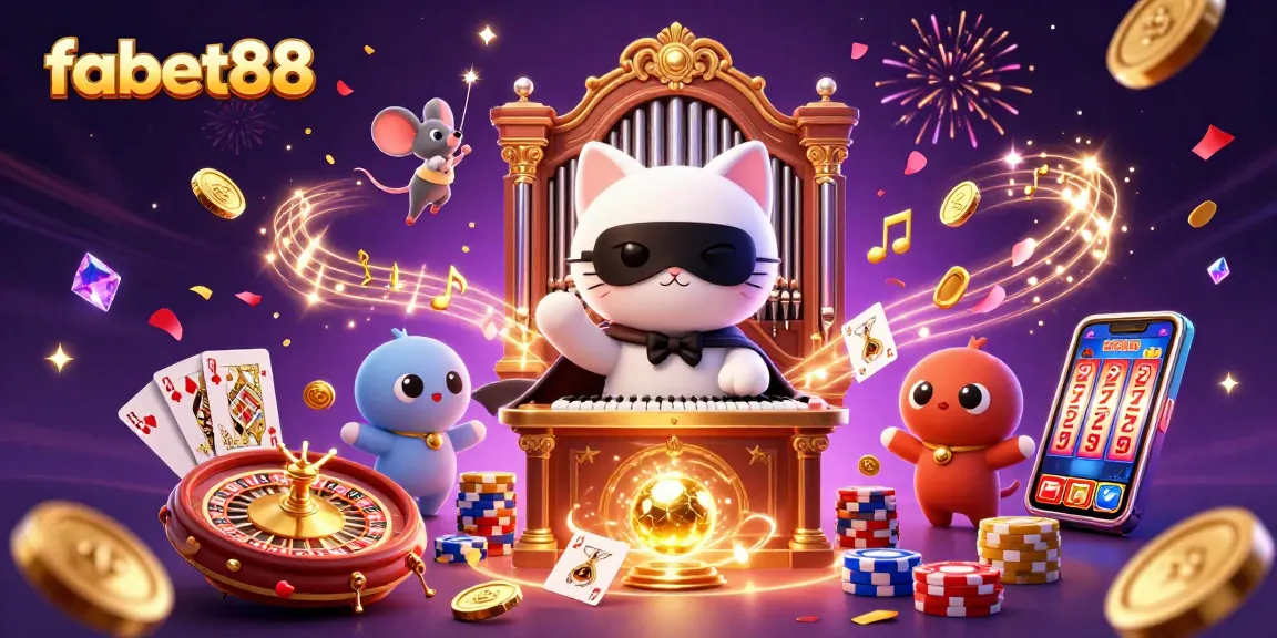 Engage with fabet88's vibrant casino scene featuring a masked cat and mouse acrobat amidst sparkling coins.