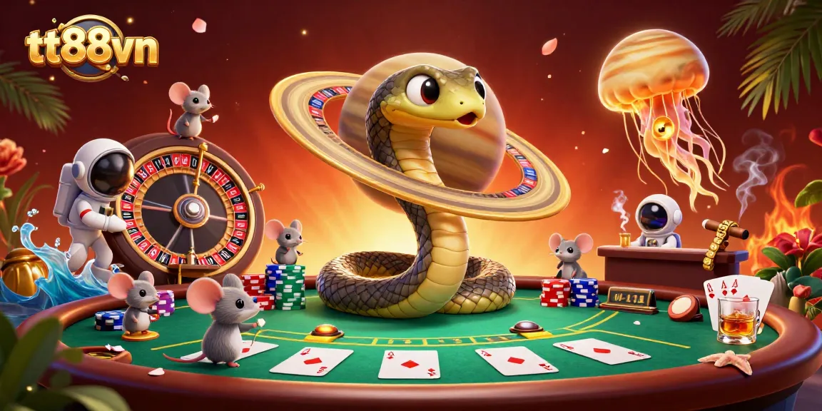 Experience exciting bets at tt88vn with astronaut mice and a cosmic dealer in a vibrant casino scene.