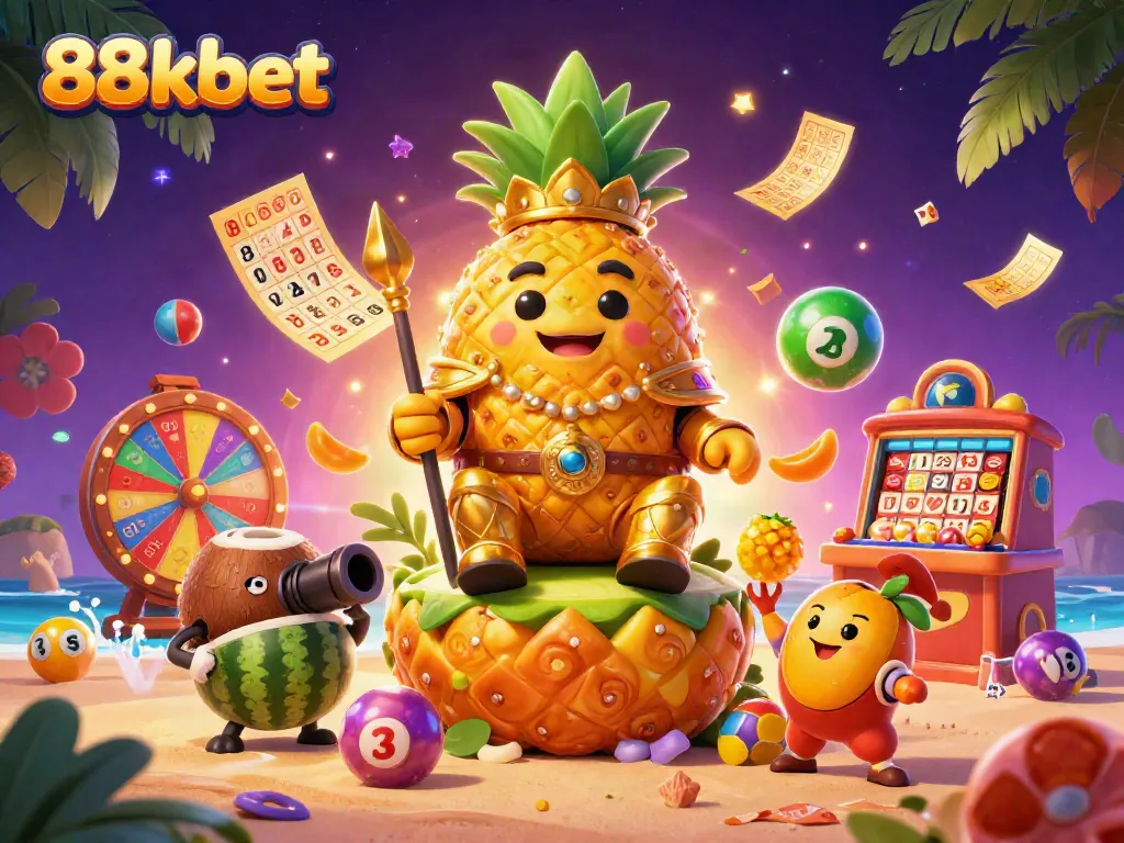 Experience the thrill of 88kbet with a vibrant scene of casino elements and characters in action.