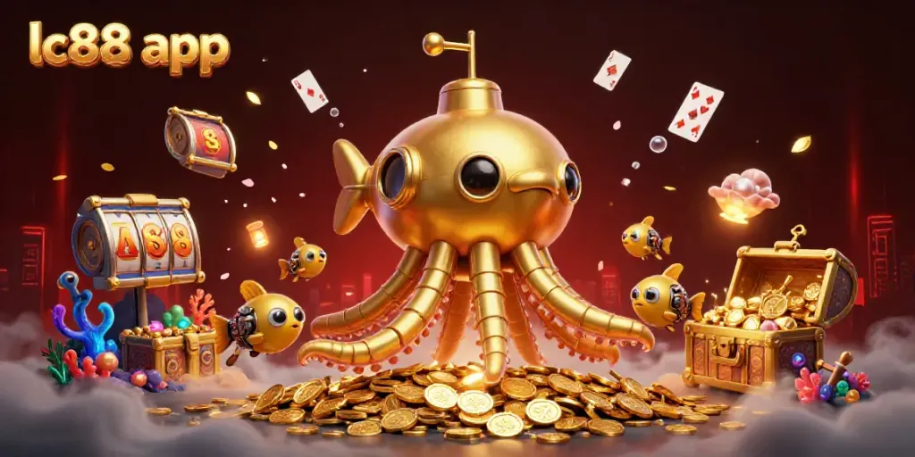 Experience the thrilling lc88 app with vibrant 3D creatures and jackpot elements under a sea of coins.