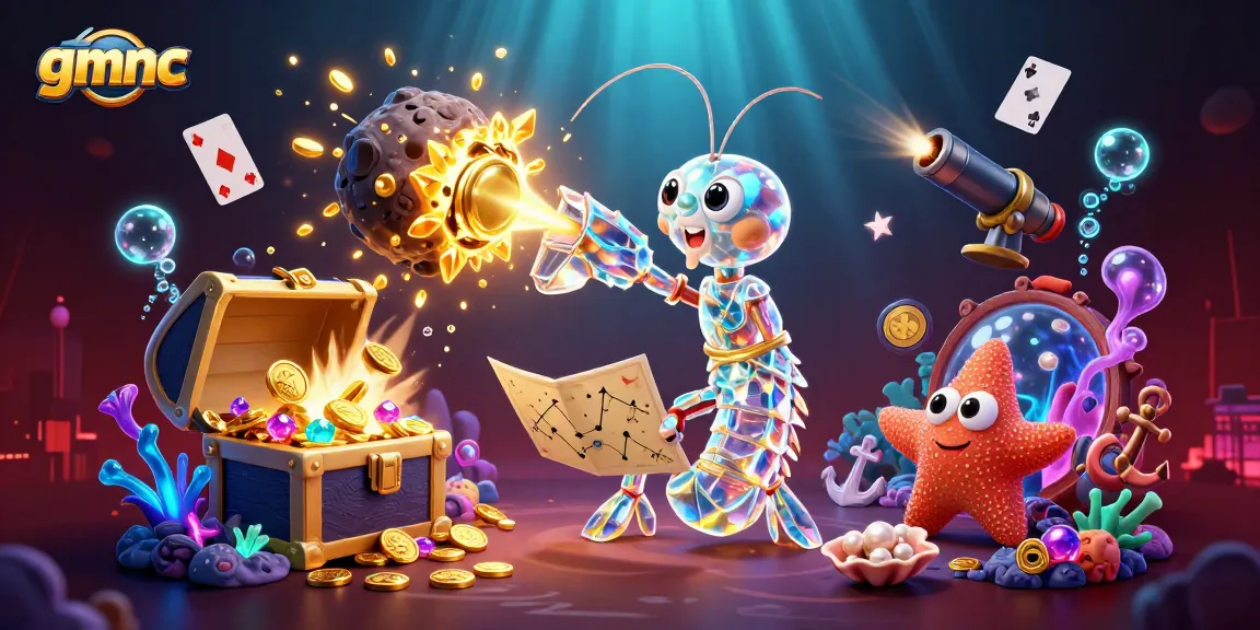 gmnc reveals a 3D mantis shrimp character bursting through asteroids, showcasing exciting gaming action.