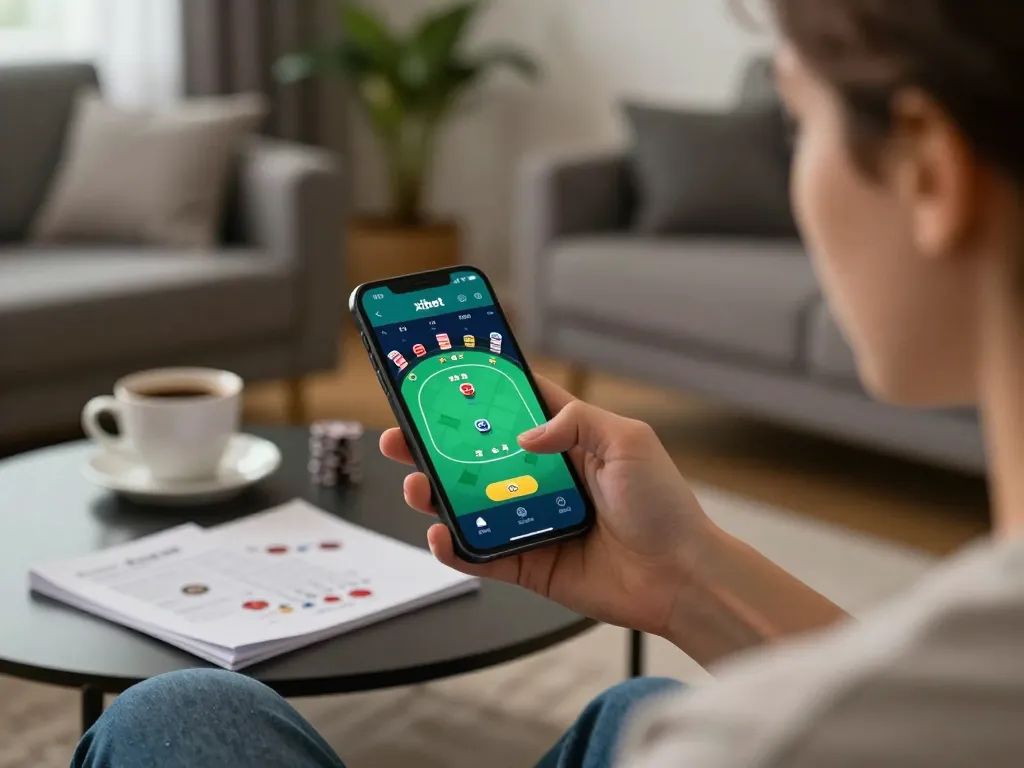 Xibet app showcasing interactive poker gameplay on smartphone, capturing user engagement and strategic action.