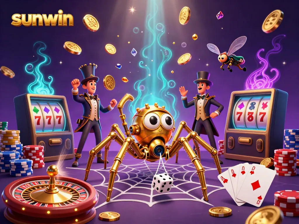 Experience thrilling gameplay with sunwin, featuring a steampunk spider and gleaming casino elements.