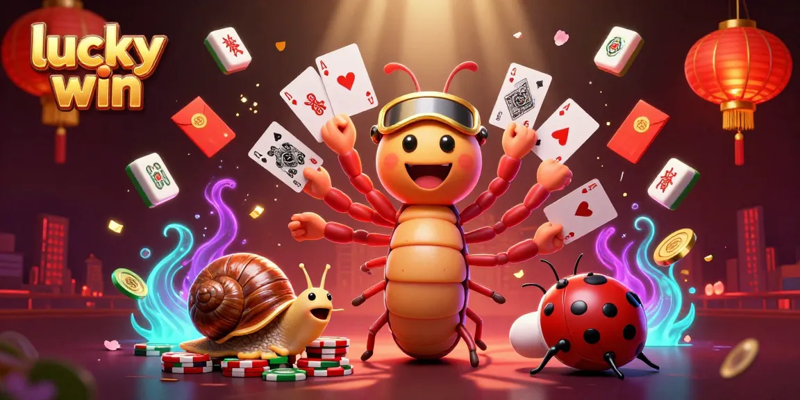 Experience the thrilling action at lucky win's vibrant digital casino with unique characters and floating game elements.