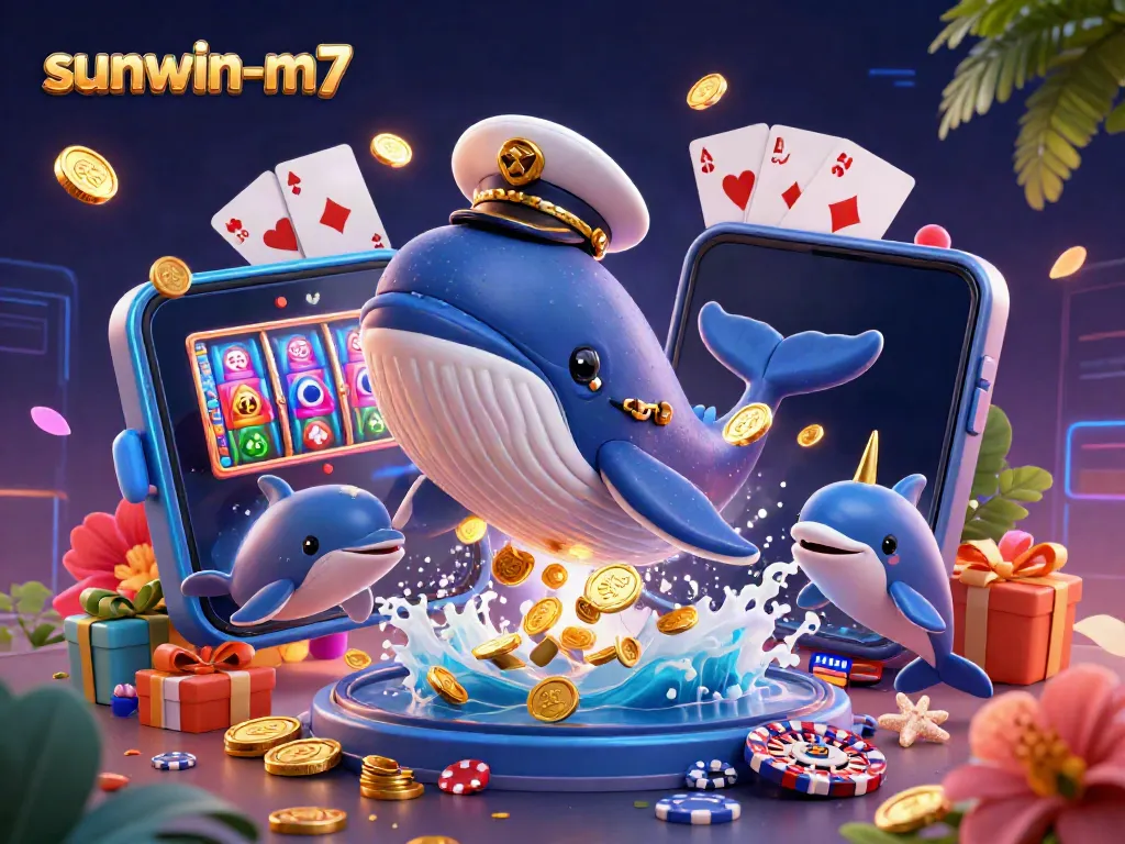 Engage with sunwin-m7 as a cartoon whale and friends celebrate casino winnings.