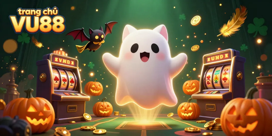 Win big at trang chủ VU88 with a magical scene featuring a friendly ghost cat and slot machines.
