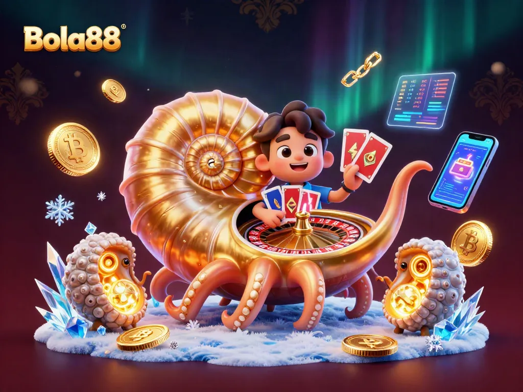 Bola88 players enjoy a thrilling game experience surrounded by vibrant casino elements and illuminating crypto icons.