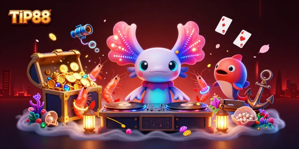 Experience the excitement of TIP88 with vibrant casino-themed 3D digital illustration featuring unique aquatic characters.