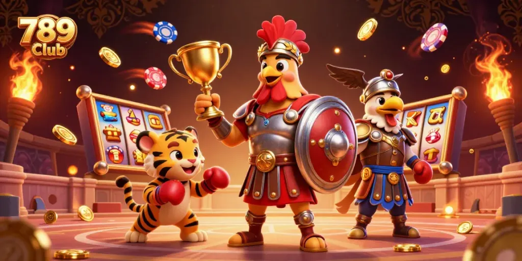 Engage with thrilling gameplay elements at 789 Club featuring dynamic slot symbols, a gladiator rooster, and vibrant casino theme.