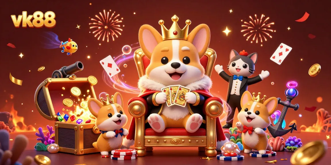 Engage with vk88's vibrant casino adventures in a magical scene featuring a royal corgi on a poker chip throne.