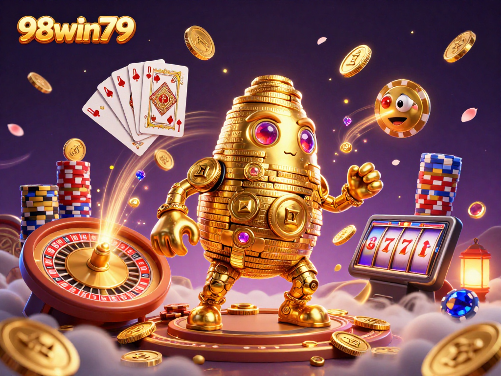 Experience thrilling gaming with 98win79 in this dynamic 3D casino illustration.