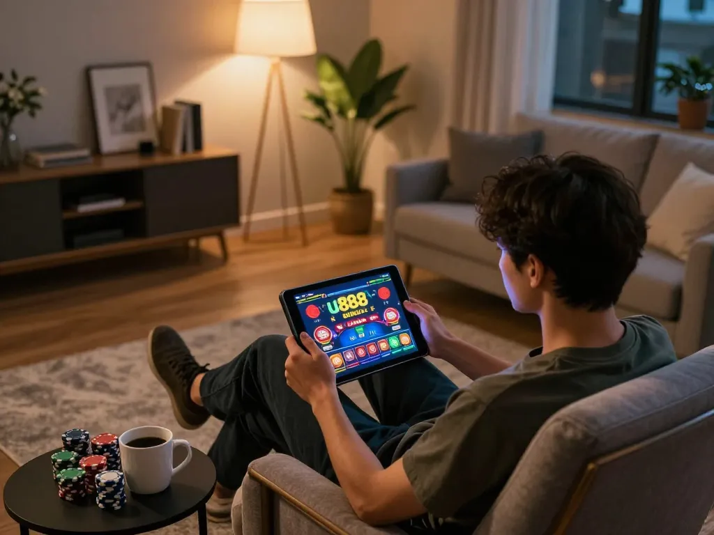 Player enjoying an engaging u888 online casino game on a tablet in a comfortable home setup.