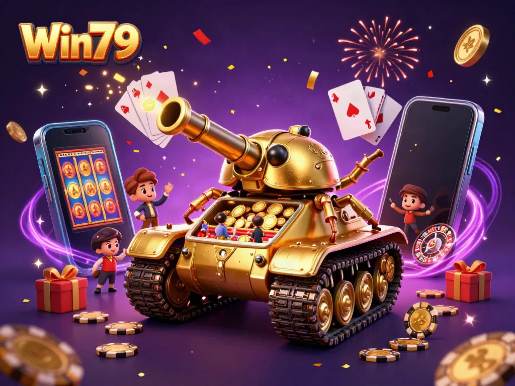 Win79 players enjoying a vibrant, miniature casino inside a golden beetle tank with exciting gaming elements.