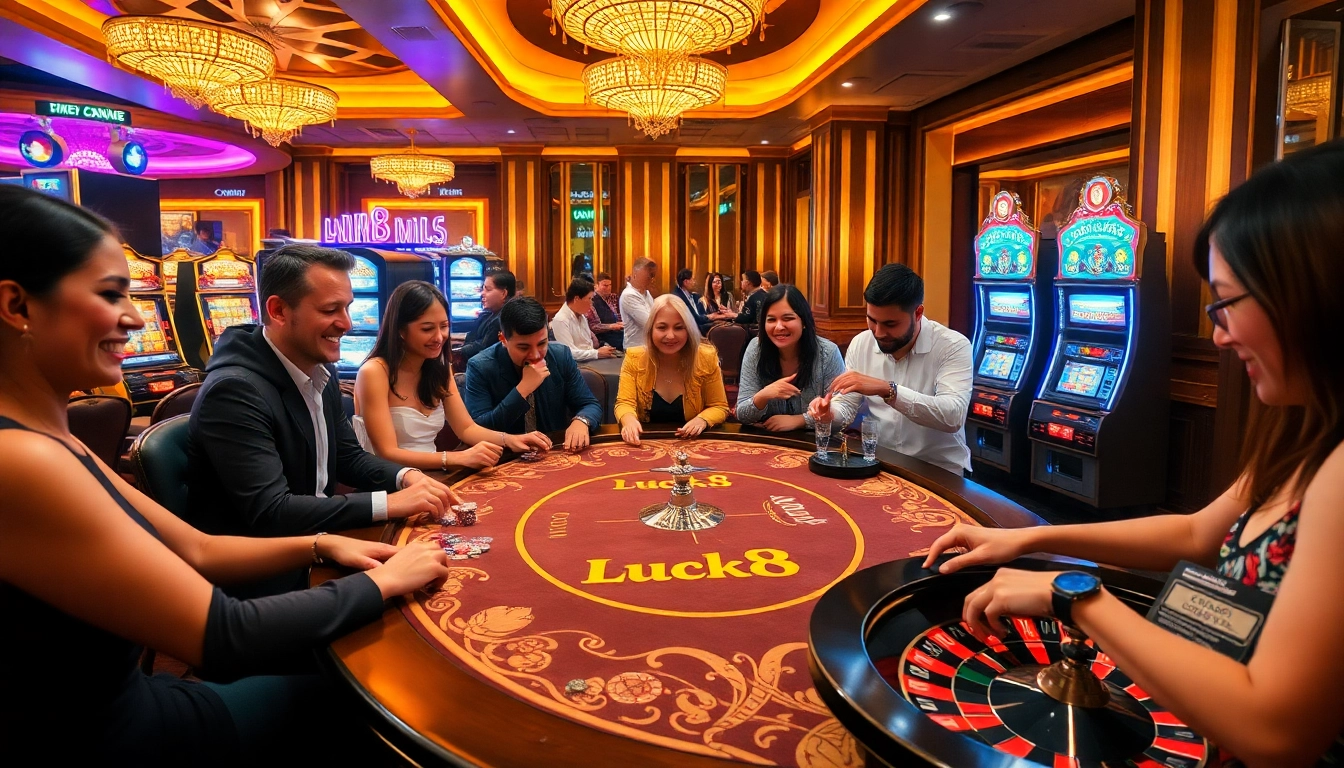Luck8 casino table bustling with excitement and vibrant poker chips in play.
