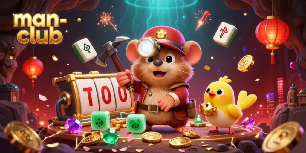 Engage with the man-club casino world featuring a treasure hunter mole and vibrant elements.