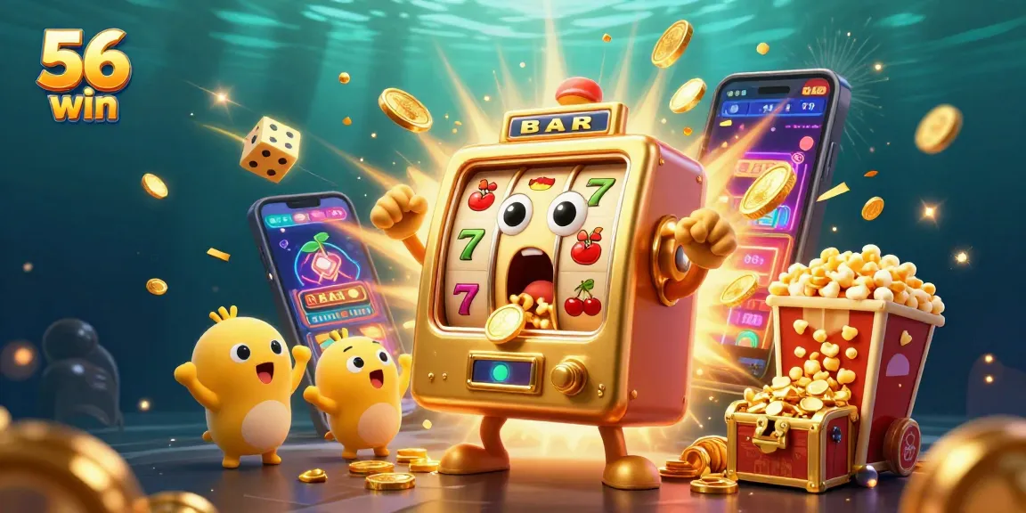 Experience the thrill of 56 win as a golden slot machine hits the jackpot, surrounded by cheering companions.