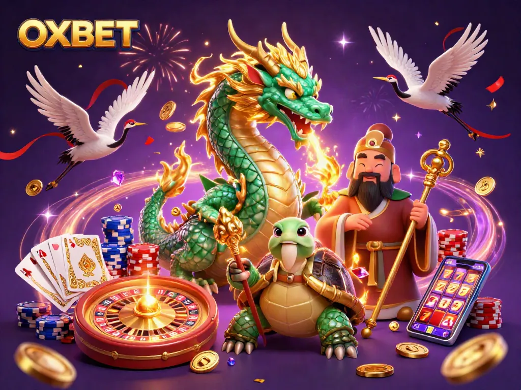 Experience OXBET's thrilling casino atmosphere with dynamic game elements and colorful characters.