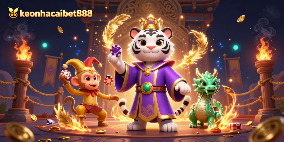 Engage with keonhacaibet888's vibrant casino art featuring a tiger, monkey, and dragon in action.